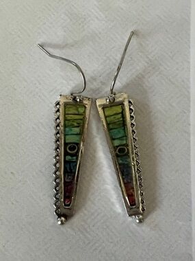 12Silver Inlay Green Multicolor Triangle Drop Earrings